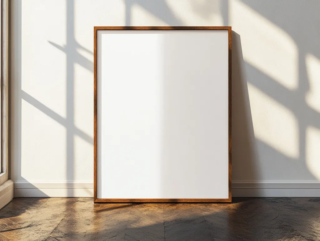 A large, empty picture frame with a brown wooden frame is leaning against a white wall. The wall has a window behind it, casting shadows of the window panes on the wall. The floor is a dark, wood-patterned laminate.  The overall aesthetic of the image is minimalist and modern.