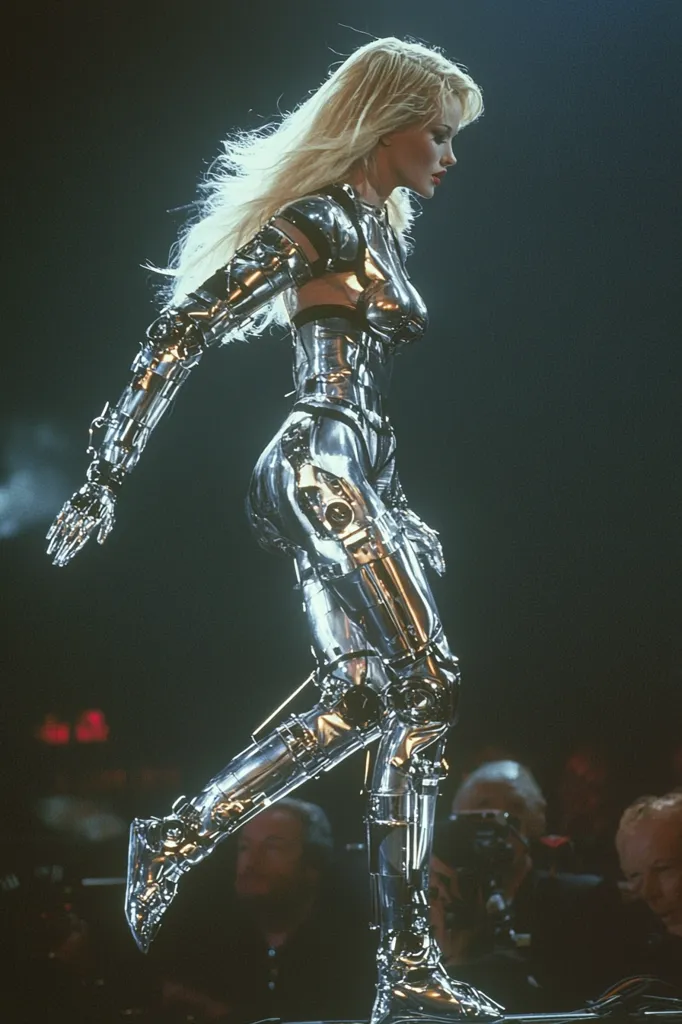 A woman with long blonde hair is dressed in a full-body silver metallic suit, appearing robotic. The suit is intricately designed with numerous joints and gears. She is in mid-stride, her left foot raised and her right leg bent at the knee.  The image is set against a dark, blurry background, suggesting a performance or event. The woman's face is visible, showcasing a serious expression with a slight frown. Her hair flows down her back, adding to the futuristic aesthetic.  The image evokes a sense of both beauty and power, blending human form with robotic elements.