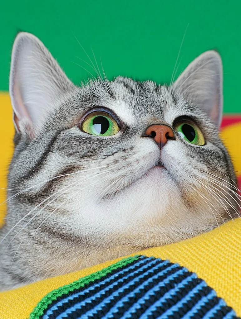 A close-up shot of a grey tabby cat with green eyes. It is looking up with a curious expression. The cat is laying on a colorful striped blanket. Its fur is soft and fluffy. The background is a green wall.  The cat's fur is a mix of grey and white, and its nose is pink. The blanket is striped with blue, green, and black.  The image is well-lit and focused on the cat's face.