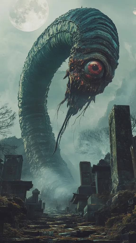 A monstrous, green, worm-like creature with a single red eye hangs over a stone path leading up a hill. The creature's body coils around a misty forest, creating a sense of unease. The path is lined with stone structures, possibly graves or tombs, adding to the eerie atmosphere. The moon, a pale disc in the sky, casts an unsettling glow on the scene.