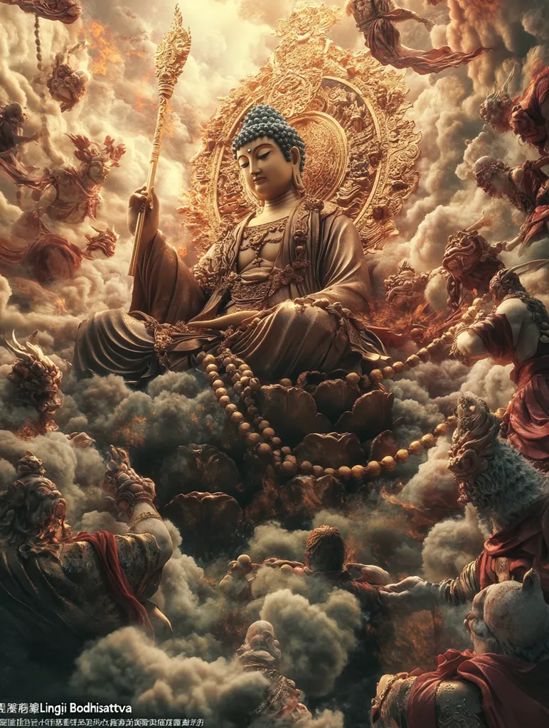 A majestic Buddha sits atop a golden throne surrounded by clouds and ethereal beings. His serene expression and golden robes radiate divine energy. The scene is filled with intricate details, including a long string of prayer beads, intricate carvings on the throne, and celestial beings flying around. The image evokes a sense of spirituality, peace, and transcendence.