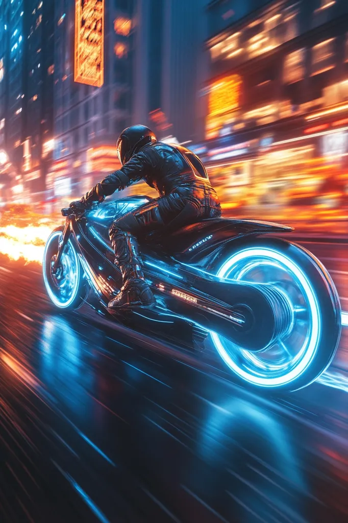 A lone rider in a black leather suit speeds through a city street on a futuristic motorcycle. The rider's face is obscured by their helmet, but they are clearly focused on the road ahead. The motorcycle's back tire is illuminated by a bright blue light, making it appear as if the bike is moving at an incredible speed. The city lights blur in the background, creating a sense of motion and energy.