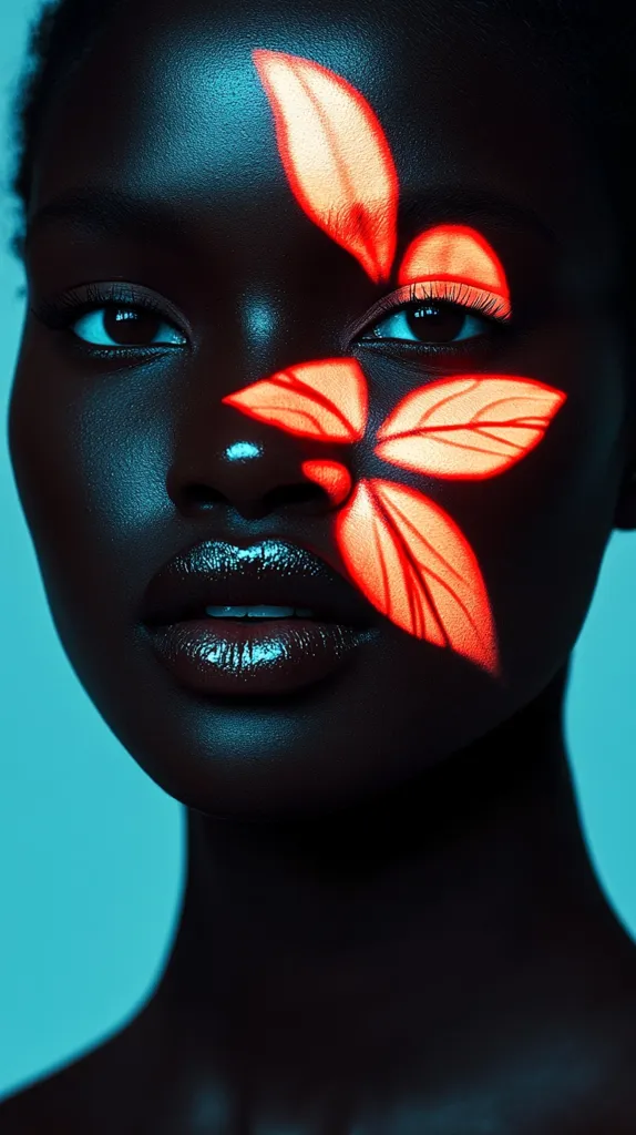 A close-up portrait of a woman with dark skin. Her face is lit in a blue light, and a red floral design is projected onto her right cheek. The woman's eyes are closed, and her lips are slightly parted. The image has a moody, ethereal quality.