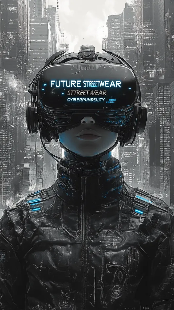 A futuristic figure stands against a blurry backdrop of a city, wearing a sleek black jacket and a VR headset. The headset displays the text "FUTURE STREETWEAR" and "CYBERPUNKREALITY" in bold, blue lettering. The image evokes a sense of urban exploration and technological advancement.