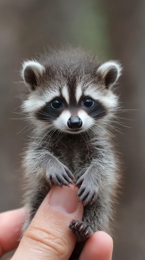 A tiny baby raccoon is being held in a person's hand. The raccoon's black eyes are wide with curiosity, and its small, pink nose twitches. Its fur is soft and grey, with black markings around its eyes. The raccoon's tiny paws are curled up on the person's finger, and its sharp little claws are visible. The raccoon looks small and helpless, but its eyes convey a sense of intelligence and mischief.  The background is out of focus and the photo is very soft, giving the impression of a cuddly animal.
