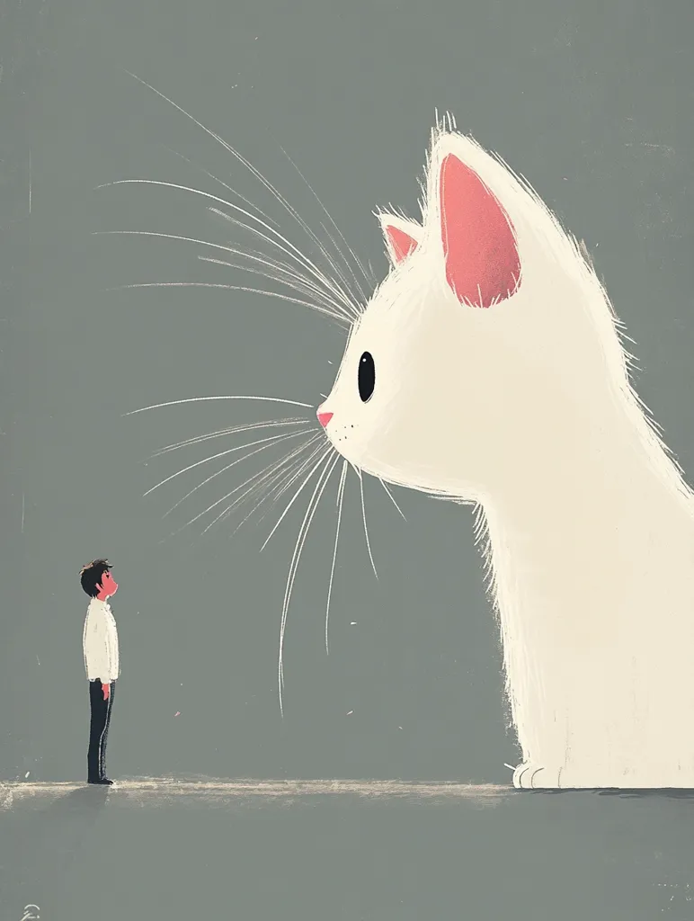 A small, cartoon-like person stands before a giant, white cat with pink ears and a single, large, black eye. The cat is looking at the person with an expression that is hard to decipher. The person seems to be looking up at the cat in awe. The scene is set against a simple grey background.