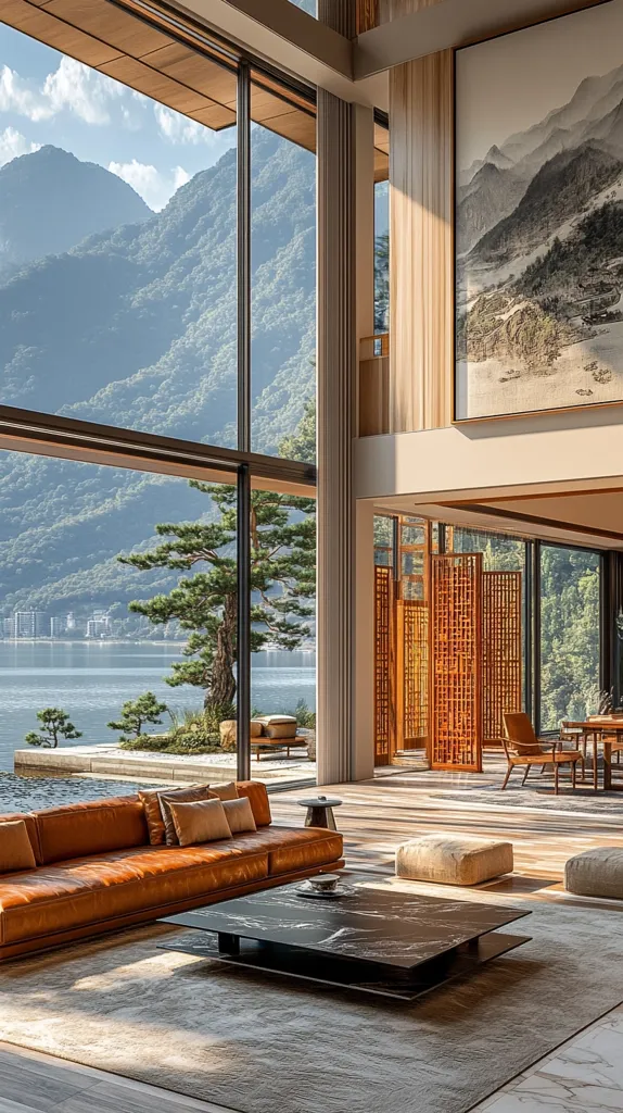 A spacious, modern living room with floor-to-ceiling windows showcasing a stunning view of mountains and a lake. Sunlight floods the room, illuminating the leather sofa, black marble coffee table, and soft rug. A wooden screen partition separates the living area from another room, adding a touch of traditional elegance.  The overall ambiance is serene and sophisticated, inviting relaxation and contemplation.