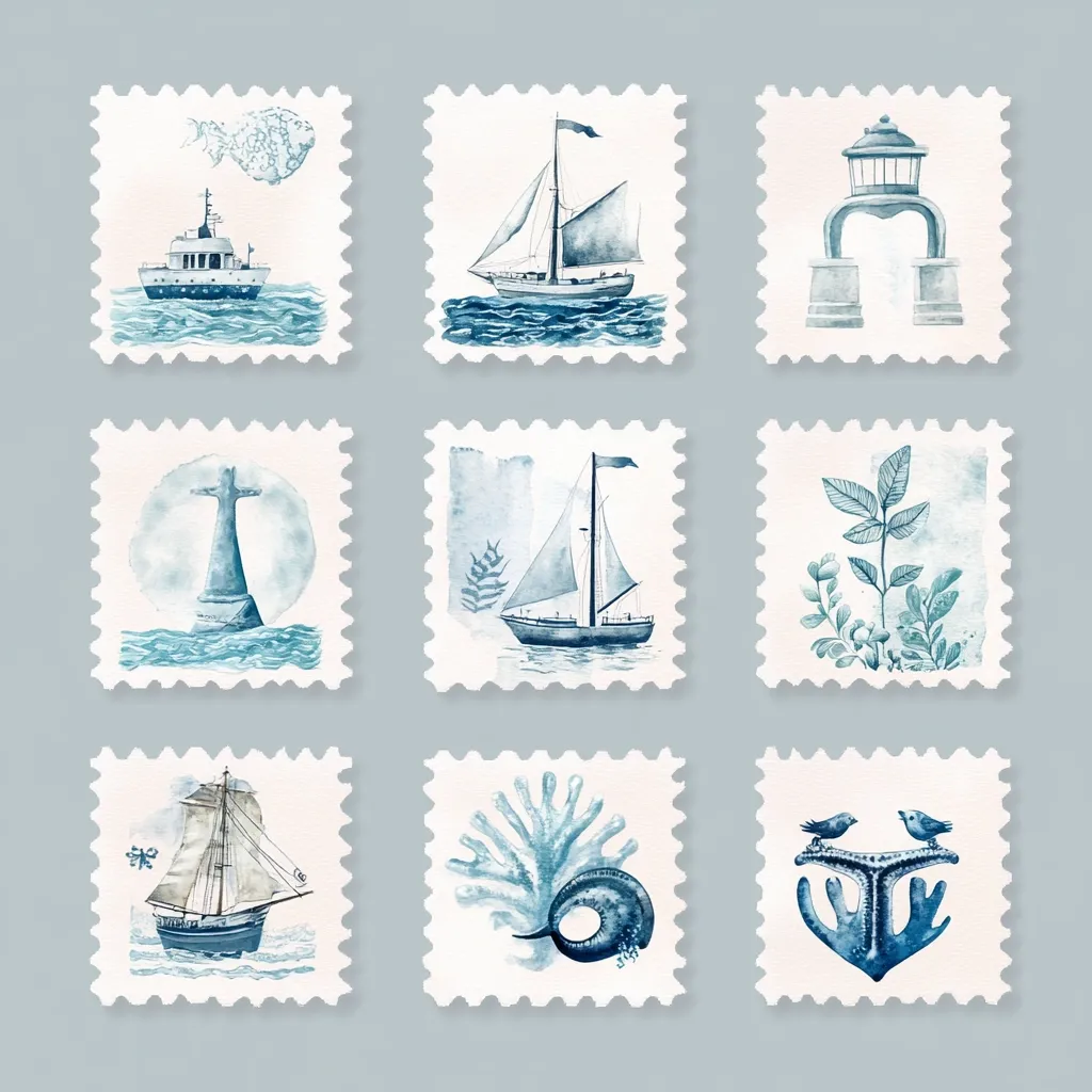 Nine watercolor illustrations of nautical themes are depicted on postage stamps. They include a sailboat, a lighthouse, a seagull, a buoy, a lighthouse, a sailboat, an anchor, a sea plant, and a coral. Each image is framed by a white border with blue scalloped edges. The background is a light gray.