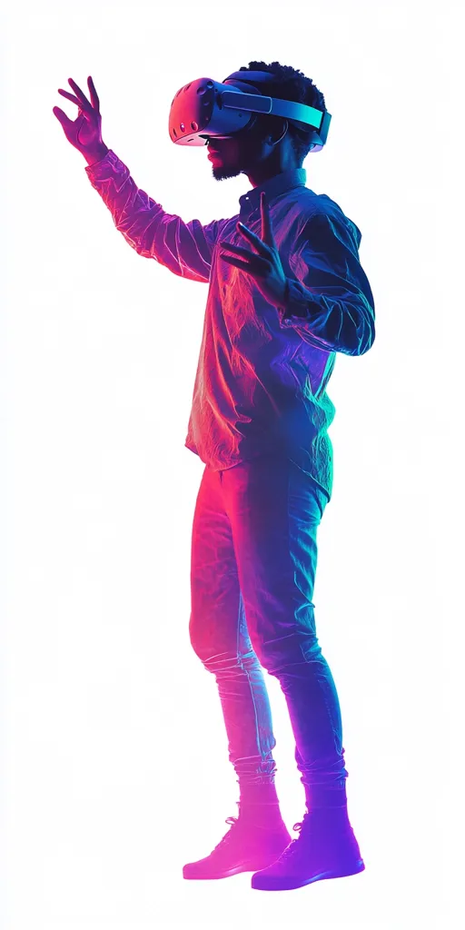 The image is a silhouette of a person wearing a virtual reality headset. They are wearing a long-sleeved shirt and jeans, and the image is lit in a vibrant pink and blue light. The person is in mid-motion with their arms outstretched, as though they are interacting with the virtual world. The image is a representation of the immersive nature of virtual reality, and the exciting potential of this technology.