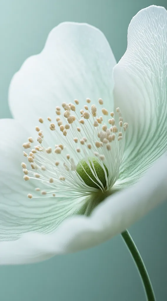 A delicate white flower with a green center is in focus against a soft blue-green background. The flower's petals are thin and translucent, and the center is filled with tiny, white pistils and a green stigma. The image is close-up and captures the delicate beauty of the flower.