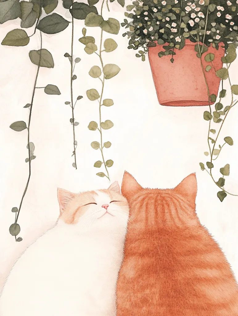 The illustration depicts two cats cuddling together. The white cat is facing the viewer, while the orange cat is facing away, its back turned towards the viewer. The cats are surrounded by green vines and a hanging pot of white flowers. The background is white, giving a sense of simplicity and tranquility.  The overall feeling of the image is one of love and companionship.