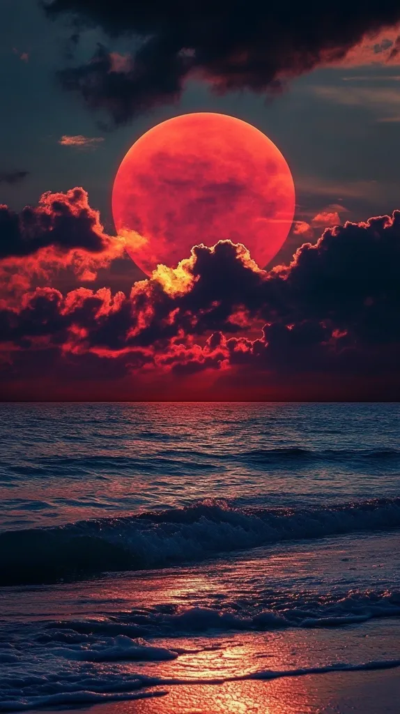 A large, blood-red moon hangs low in the sky, partially obscured by dark, swirling clouds. The sea below is a deep blue, reflecting the warm glow of the moon, and the waves lap gently on the sandy shore. The scene is both dramatic and serene, with a sense of mystery and wonder.
