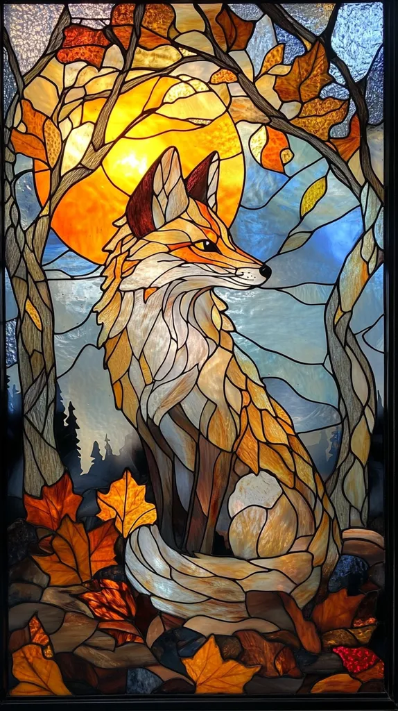 This stained glass artwork depicts a fox sitting amidst a vibrant autumnal scene. The fox is rendered in shades of orange, brown, and white, with its fur captured in intricate detail. A large, golden sun shines behind the fox, casting a warm glow over the surrounding trees, leaves, and distant mountains. The vibrant colors and intricate patterns of the stained glass create a stunning and captivating image.