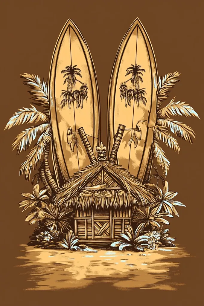 The image depicts a stylized tropical scene with a thatched-roof hut nestled between two surfboards. Palm trees frame the scene, their fronds reaching towards the top of the image. The surfboards are adorned with palm tree designs and have a wooden tiki face carved into their top. The image is rendered in a brown and beige color palette, creating a warm and inviting atmosphere. The scene evokes a sense of relaxation and escape.
