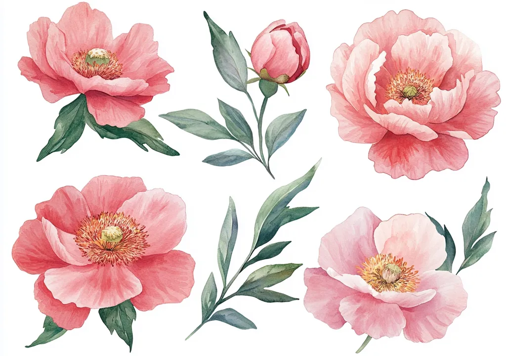 The image showcases a collection of delicate pink peonies and green leaves, all rendered in a watercolor style. The peonies are in various stages of bloom, some fully open, others in bud. The leaves are a soft green, adding a touch of nature's vibrancy. The overall aesthetic is gentle and feminine, evoking a sense of beauty and tranquility.