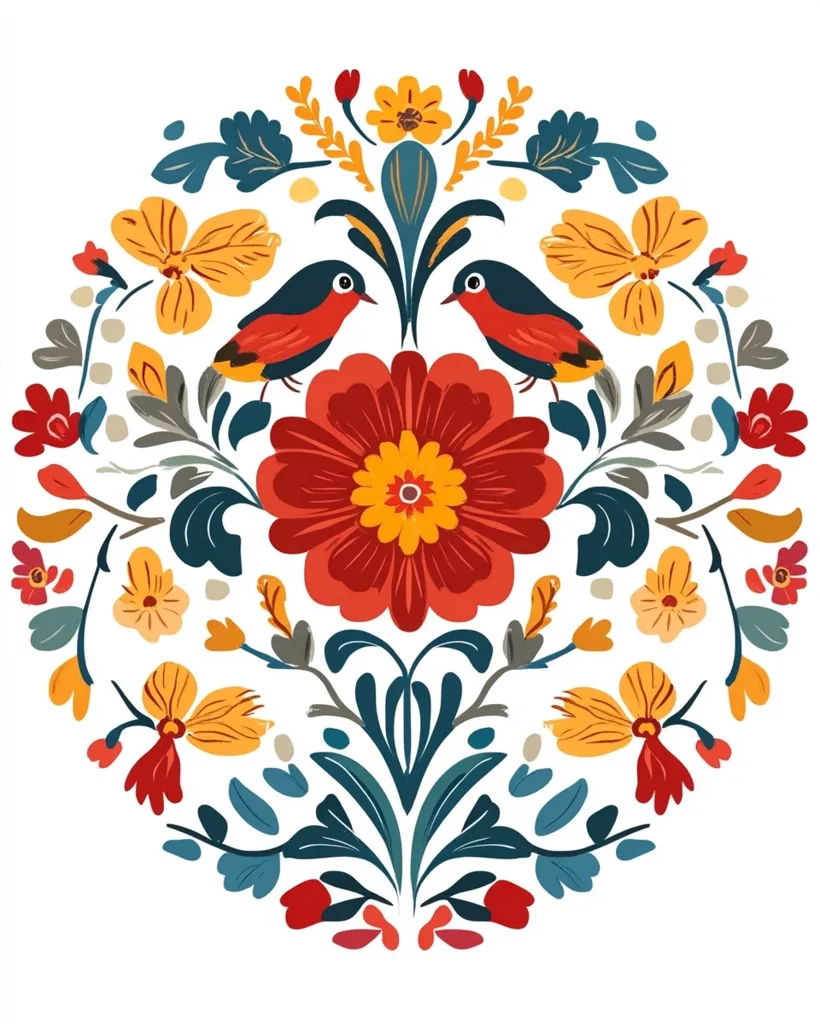 A circular floral design features a large red flower in the center with smaller yellow flowers around it. Two red birds with black eyes and beaks sit on branches above the flower. The entire design is surrounded by blue-green leaves and stems, creating a vibrant and intricate pattern.