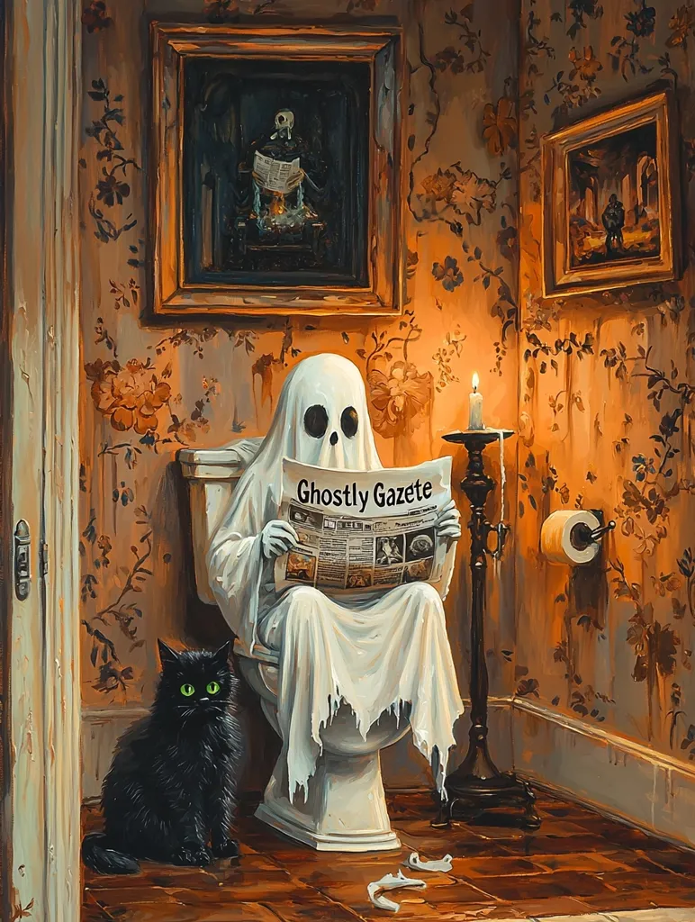 A ghost, in a white sheet, sits on a toilet reading a newspaper called "Ghostly Gazette" while a black cat watches. The bathroom is old and ornate, with wallpaper, a candle holder, and framed artwork. The ghost's feet are visible, and a piece of toilet paper hangs from the holder. The scene is both humorous and eerie.
