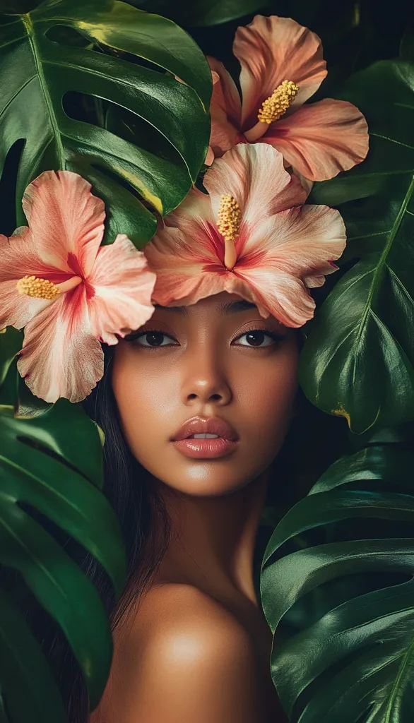 photography portrait of Filipino woman, floral themed, with big flowers covering parts of the head, and big tropical leaves on the sides and some in the foreground, realistic, crisp, vogue, fashion forward, artistic --ar 4:7
