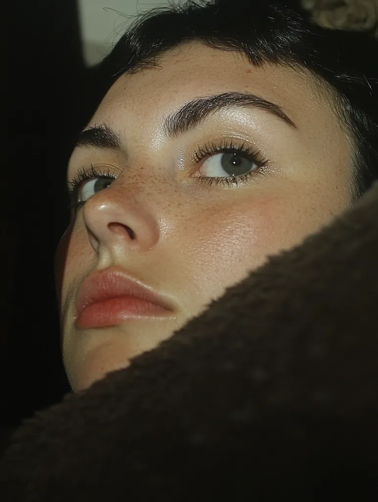 A close-up portrait of a woman with short dark hair, her face partly obscured by a soft, fuzzy fabric. Her eyes are wide and focused, with a hint of green in the irises. Her lips are slightly parted, and her skin appears smooth and delicate, with the faintest dusting of freckles. The lighting casts a soft glow on her features, highlighting the gentle curves of her face.  The overall mood of the image is one of quiet contemplation and introspection.