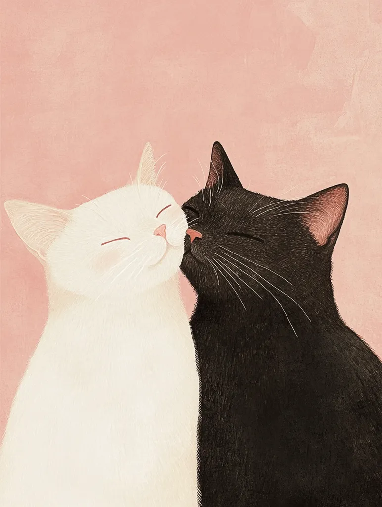 The illustration features a white cat and a black cat, positioned side by side against a soft pink backdrop. The cats are depicted with their eyes closed, their heads leaning towards each other, suggesting a loving and intimate moment. The contrasting colors of the cats create a visually striking and harmonious composition. The detailed rendering of their fur and facial features adds to the overall sense of affection and tranquility.