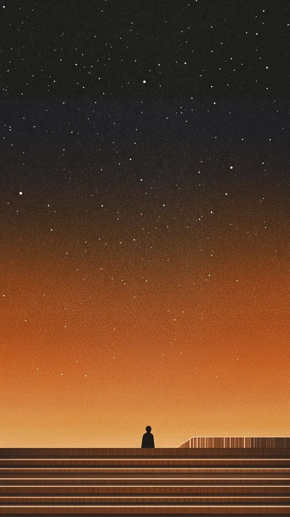 The image depicts a solitary figure standing on a set of wooden steps, silhouetted against a vast, starry sky. The sky transitions from a deep indigo blue at the top to a warm orange hue at the horizon.  The scene conveys a sense of isolation and contemplation, with the figure seemingly lost in thought under the celestial expanse.