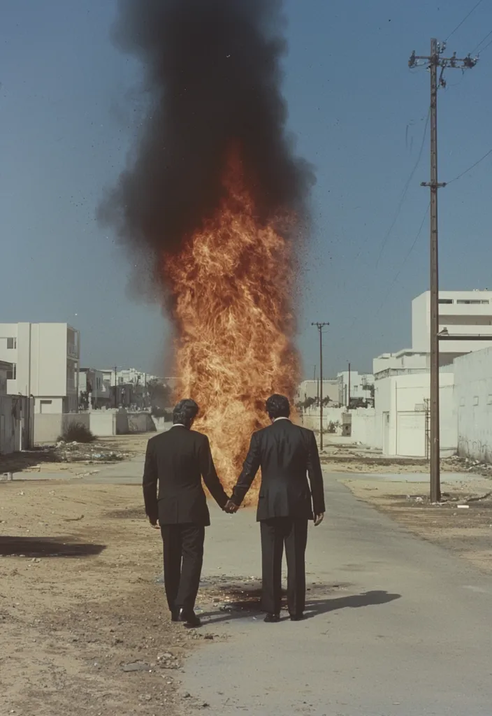 Two men in suits walk away from a large fire, engulfed in black smoke, in a deserted street lined with white buildings. The men are holding hands, with their backs turned to the viewer. The photo captures a sense of isolation and danger, as if they are fleeing a catastrophe. The contrasting colors of the men's suits, the fire, and the white buildings create a stark and striking image.