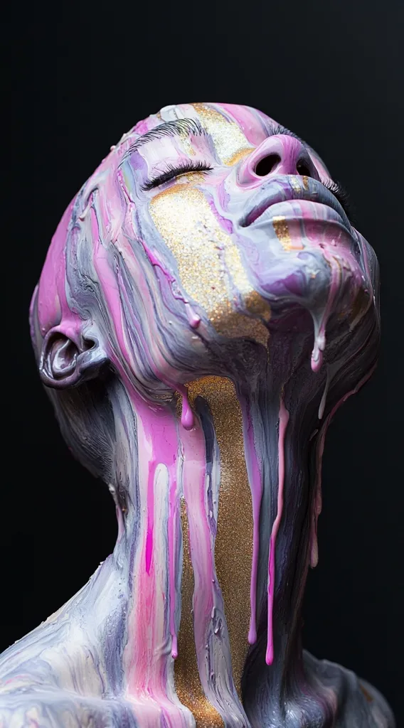 A person, their face and upper body covered in streaks of pink, purple, and gold paint. They are looking up with their eyes closed, their face tilted back and their neck stretched. The paint drips down their body like melted wax. The background is a plain black. The image is a study in color and form, highlighting the beauty of the human body.
