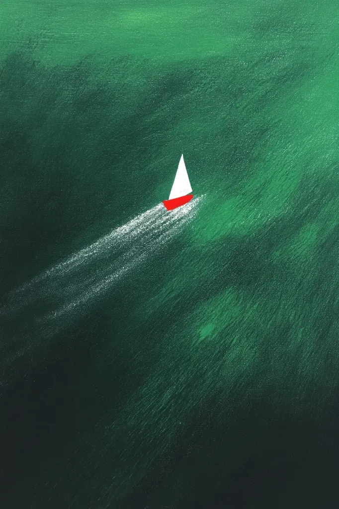 The image is a simple painting of a sailboat with a white sail and a red hull, sailing across a dark green sea.  The white wake of the boat trails behind it. The painting is done in a minimalist style, with a focus on the basic shapes and colors.  It is likely intended to evoke a sense of peace and tranquility.