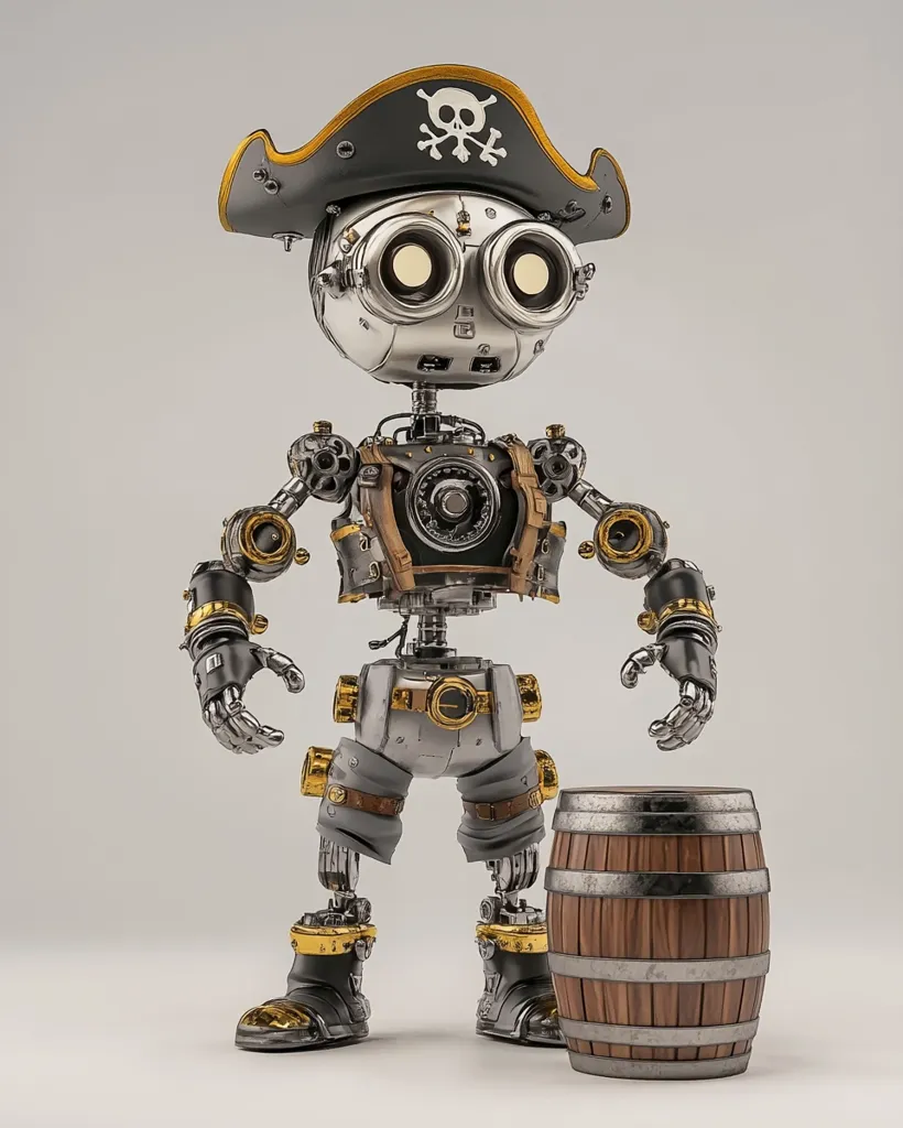 A steampunk robot pirate stands with a wooden barrel at his side. He is made of metal and has a black pirate hat with a skull and crossbones. He has large, round goggles and his arms and legs are made of gears and cogs. He appears to be ready for adventure.  The robot is posed in a relaxed manner, suggesting that he has completed his task.