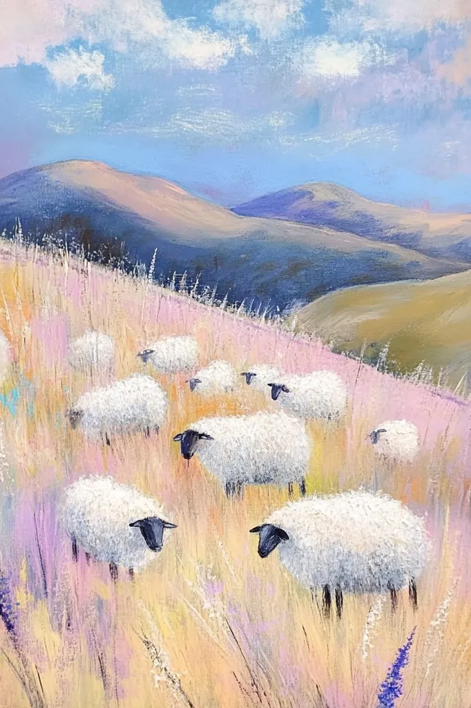 A painting of a hillside with a flock of sheep grazing. The sheep are white with black faces and legs. The hillside is a vibrant green and yellow, with a faint blue sky in the background. There are purple wildflowers scattered amongst the grass. The painting is done in a loose, impressionistic style, with thick brushstrokes and vibrant colors. It evokes a feeling of peace and tranquility.
