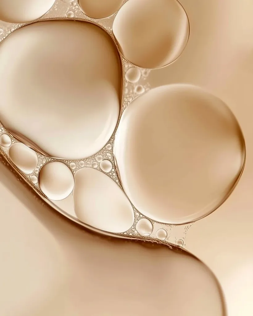 A close-up shot of a  group of  liquid bubbles. The bubbles are round, smooth, and have a light tan color with a white sheen. Some smaller bubbles are surrounding the larger bubbles. The image has a soft, gentle feel.