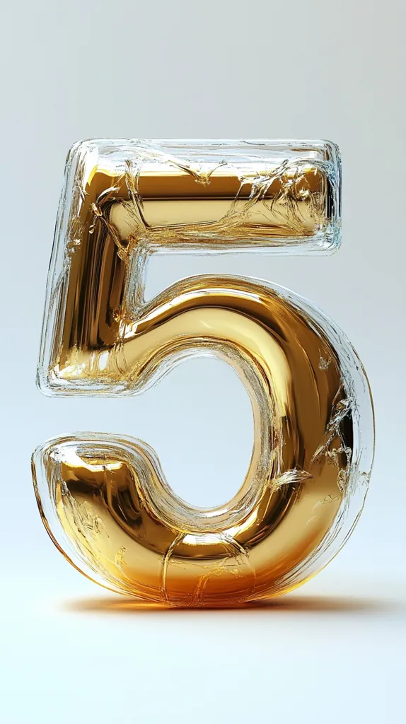 The image shows a golden number "5" encased in a transparent, cracked material. The number is  bold and shiny, reflecting light, with the cracks in the surrounding material creating a visually interesting contrast. The background is a simple white, emphasizing the subject. The overall effect is a  unique and artistic interpretation of the number five.