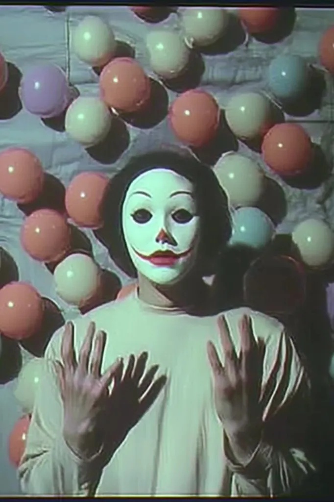 A person wearing a white clown mask stands in front of a wall covered in colorful, round objects. The mask has exaggerated features, including a wide smile and large eyes. The person's hands are raised in front of them, and their expression is unsettling. The background is blurry, suggesting a sense of disorientation. The image has a vintage, grainy quality that adds to its unsettling tone.