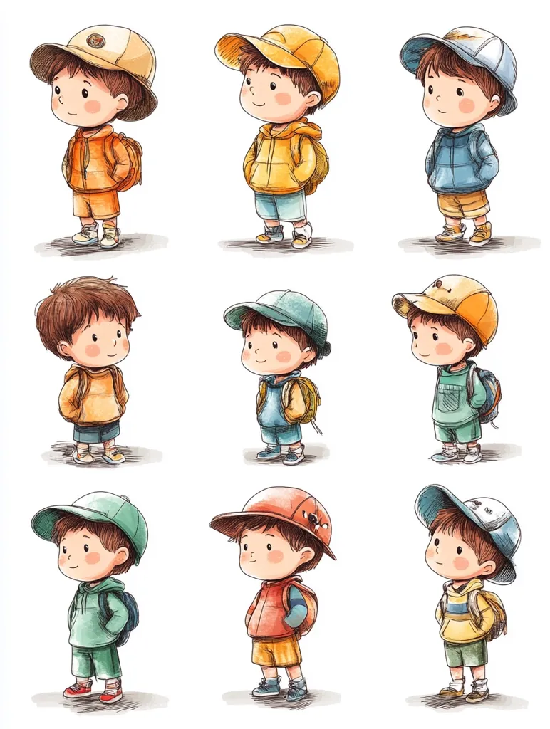 Nine young children are illustrated, each wearing a different colorful hat and carrying a backpack. They have different outfits and expressions. They are all facing forward, looking at the viewer, with a friendly smile. The background is white. The drawing style is cute and whimsical.