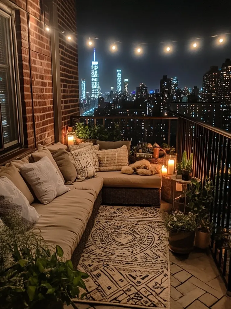 A cozy balcony with a sectional sofa and throw pillows faces a stunning city skyline at night. The view is illuminated by twinkling lights from the buildings and a string of lights strung along the balcony railing. The balcony features a patterned rug, potted plants, and candles adding to the warm and inviting atmosphere.