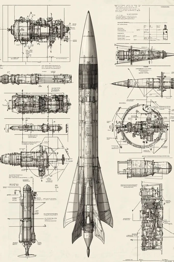 This is a technical drawing of a rocket. The drawing is in black and white, with detailed lines and annotations. The rocket is depicted from multiple angles and perspectives. The drawing includes cross-sections, schematics, and descriptions of the rocket's components. The drawing likely represents an engineering or design blueprint. The image evokes a sense of precision, detail, and scientific progress.