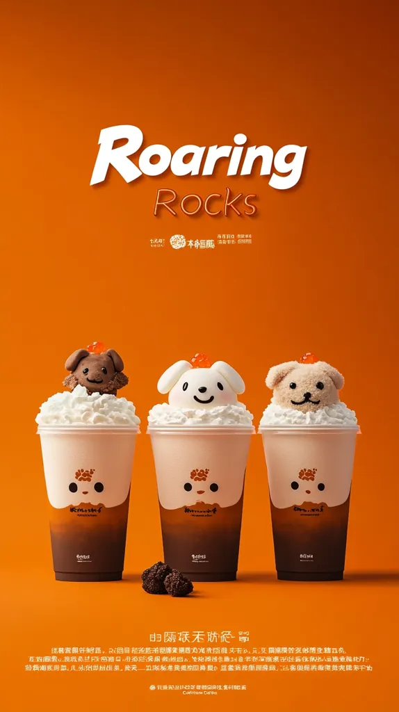 The image showcases a promotional ad for a beverage called "Roaring Rocks". It features three iced drinks topped with whipped cream and adorable animal toppers. Each topper is a plush representation of a dog breed, with a brown dog, a white dog, and a light brown dog. The drinks are positioned against a vibrant orange background, creating a playful and enticing visual. The ad promotes the drink as a fun and enjoyable treat.