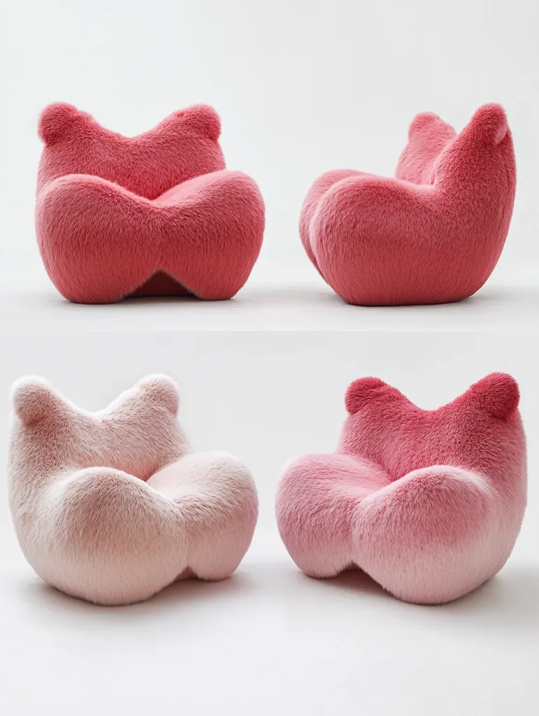 The image shows four plush chairs with a heart-shaped design. They are covered in pink and white fur, creating a soft and inviting appearance. The chairs are arranged in pairs, with the top row featuring a darker pink shade and the bottom row showcasing a lighter, almost pastel pink hue. The chairs' rounded forms and fuzzy texture exude a sense of comfort and whimsy.  The background is a simple white, highlighting the chairs' unique shapes and vibrant colors.