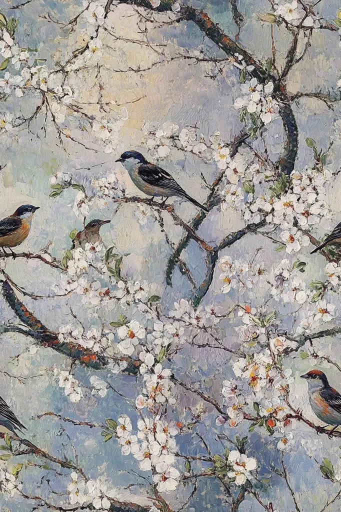 The painting depicts a blossoming tree with white flowers, against a soft blue sky.  Four birds are perched on the branches, their feathers blending with the colors of the blossoms. The branches are thick and gnarled, with delicate white flowers forming a cloud of color. The painting evokes a sense of peace and tranquility.  The artist uses bold strokes and textured paint to create a realistic and inviting scene.