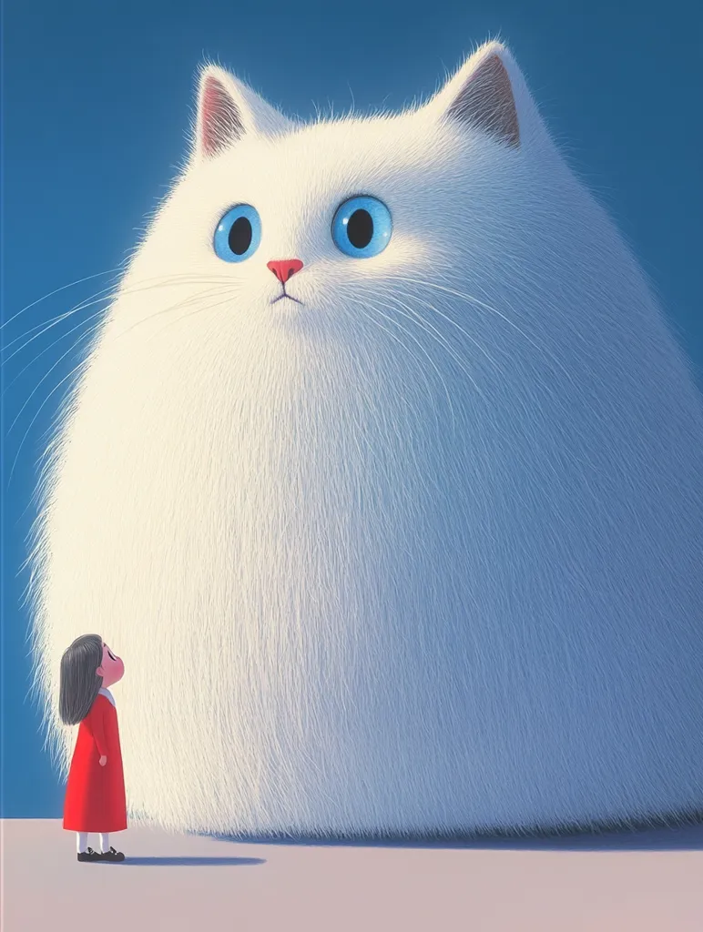 The image depicts a large, fluffy white cat with bright blue eyes, sitting on a pale pink surface. A small girl in a red dress stands in front of the cat, looking up at it with a curious expression. The cat has a wide, round body and a soft, furry coat, creating a contrasting visual between the size of the cat and the girl. The background is a simple, light blue, giving the image a minimalist feel. The overall tone is playful and whimsical, evoking a sense of wonder and curiosity.