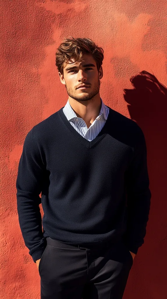 A young man with brown hair stands against a bright orange wall. He is wearing a black v-neck sweater over a striped white shirt. He has a serious expression on his face and his hands are in his pockets. The sunlight casts a shadow on the wall behind him.  He is dressed in a sophisticated and stylish manner.