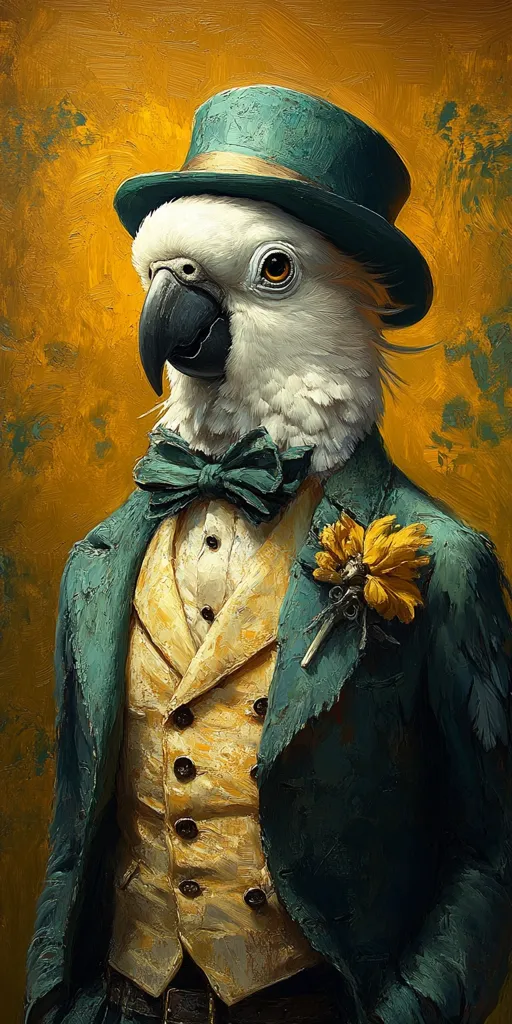 The image is a painting of a white cockatoo wearing a green top hat, a green bowtie, and a teal jacket. The cockatoo has a yellow vest with buttons and a flower pin on its jacket. The background is a yellow, textured wall. The painting is done in a realistic style with visible brushstrokes. The cockatoo is looking slightly to the right of the viewer, with a serious expression.