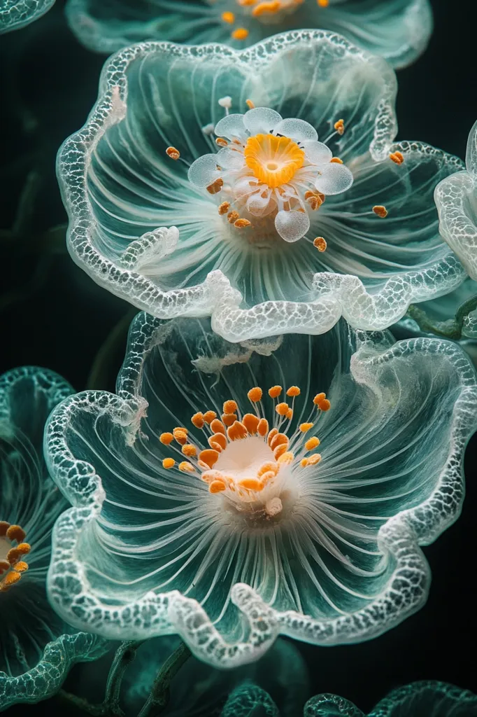 The image shows two delicate flowers, their petals translucent and resembling jellyfish. The flowers are pale green with intricate, lacy edges, and their centers are a mix of white and orange, with small, round structures resembling tiny bubbles. The flowers appear to be backlit, creating a soft, ethereal glow. The background is dark, emphasizing the delicate beauty of the flowers.