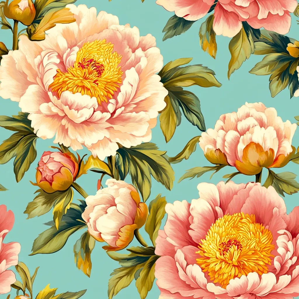 The image is a vibrant floral pattern featuring large, pink peonies with yellow centers. The flowers are depicted in a realistic style, with intricate details of the petals and leaves. The background is a soft blue-green color, providing a serene contrast to the vibrant blooms. The overall effect is one of beauty and elegance, creating a sense of joy and tranquility.