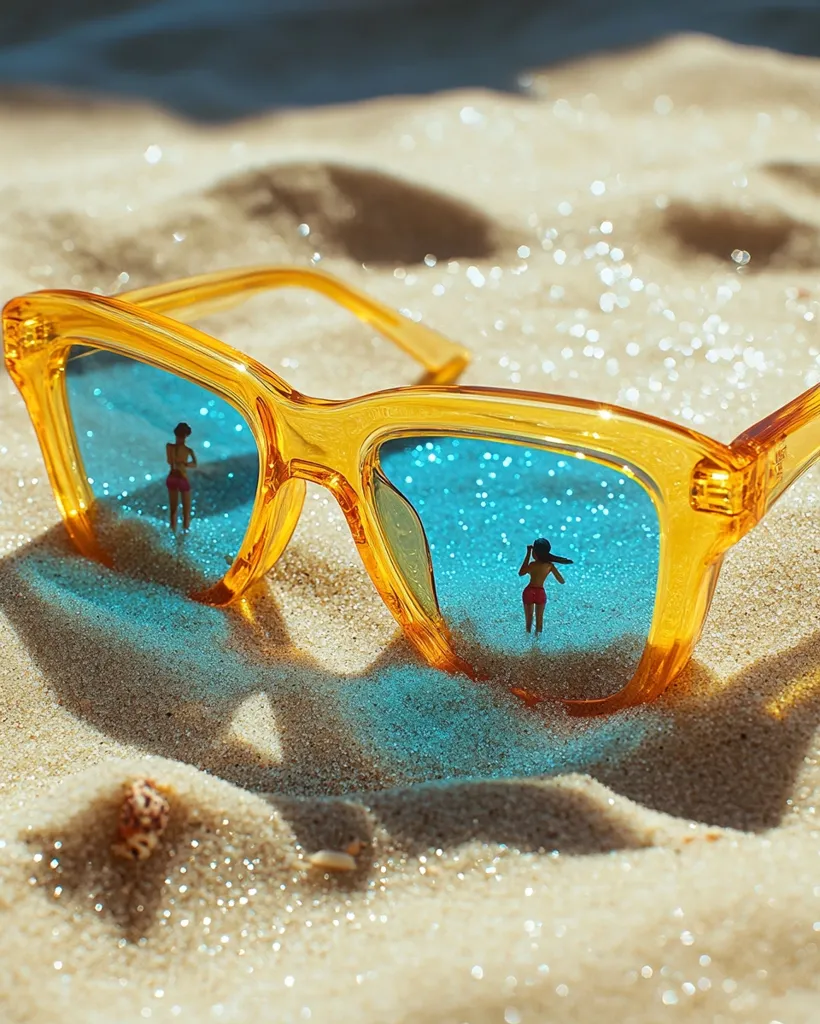 A pair of yellow sunglasses lay on a sandy beach, the lenses reflecting a miniature scene of a woman in a swimsuit standing on a beach. The sunglasses are partially buried in the sand, with a small seashell visible in the foreground. The image evokes a sense of summer and relaxation.