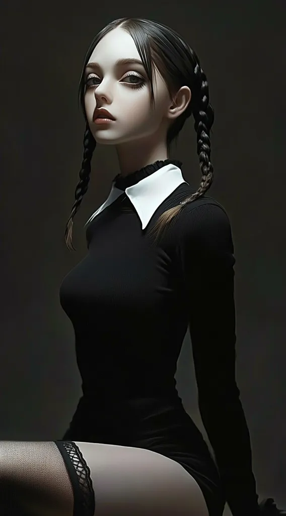 A young woman with dark hair styled in two braids sits in a dark setting.  She wears a black turtleneck dress with a large white collar, paired with black stockings. Her expression is serious, with a slight frown. The lighting is soft, creating a mysterious and somewhat somber mood.