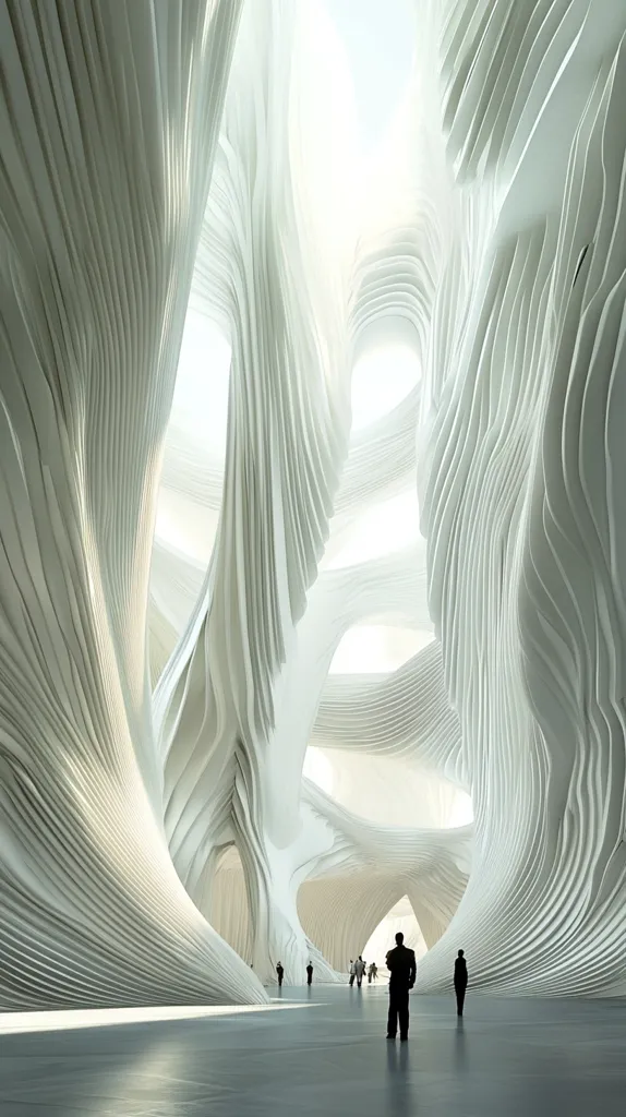The image depicts a futuristic architectural structure with a unique and complex design. The walls are formed by numerous smooth, white, curving layers, creating an abstract and mesmerizing pattern. The interior is bathed in soft, natural light, casting long shadows on the floor. A few figures stand within the space, providing a sense of scale and adding a human element to the otherwise abstract design. The overall effect is one of ethereal beauty and futuristic wonder.