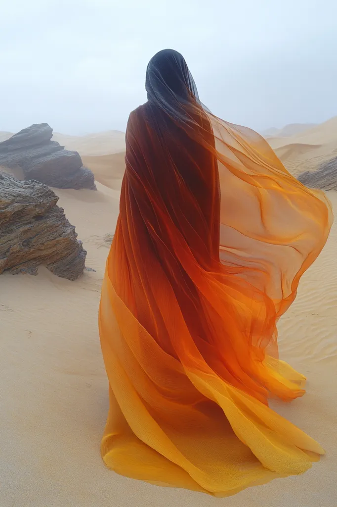 A lone figure, shrouded in an ombre-colored veil, stands in a desolate desert landscape. The veil, a symphony of orange and yellow, billows dramatically in the wind, creating a sense of movement and ethereal beauty against the stark backdrop of sand dunes and rocky outcroppings. The image evokes a sense of mystery and solitude, leaving the viewer to ponder the story of the veiled figure and their journey through this vast and unforgiving environment.