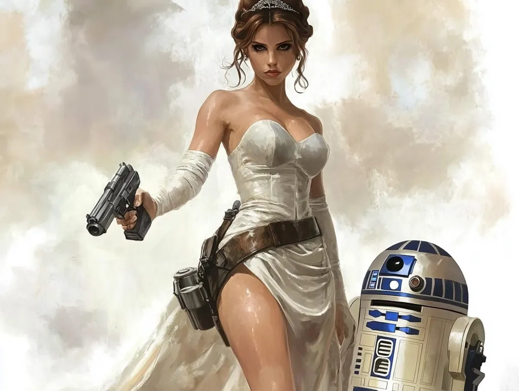 A woman with a crown of flowers in her hair, dressed in a white gown, holds a gun in one hand, while her other hand rests on the head of R2-D2. The scene is set against a backdrop of a cloudy sky. The woman's expression is serious and determined, suggesting she is ready for action. R2-D2 appears to be looking at the viewer with a friendly demeanor, adding a playful contrast to the woman's sternness. The overall impression is one of strength, resilience, and a sense of adventure.