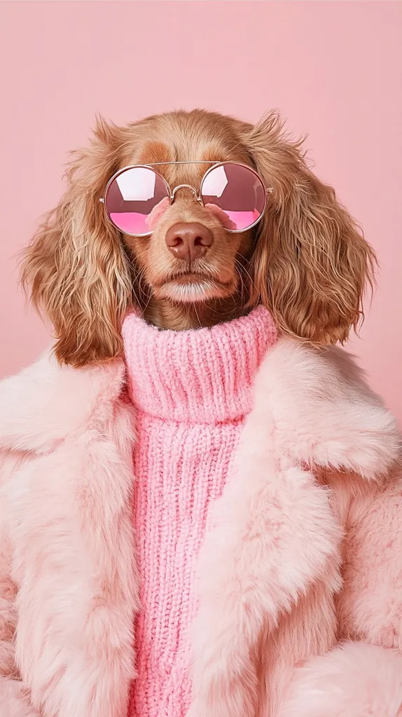 A brown and white dog is wearing a pink sweater and a pink fur coat. The dog is wearing pink, round sunglasses and is looking directly at the camera. The background is a solid pink. The dog is posed in a fashion-forward way, with its head tilted slightly and its eyes narrowed.  The dog's expression is serious and the image is playful and stylish.